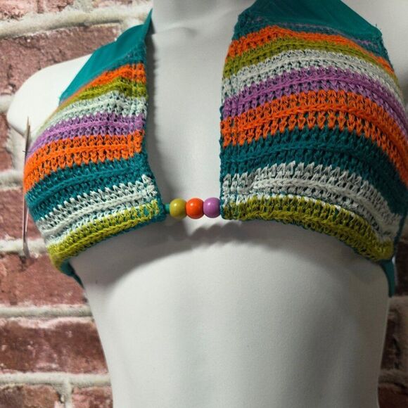 Wild Fable Green Crochet Bikini Top Small Striped Knit Swimwear NEW Tag Error - Picture 5 of 7